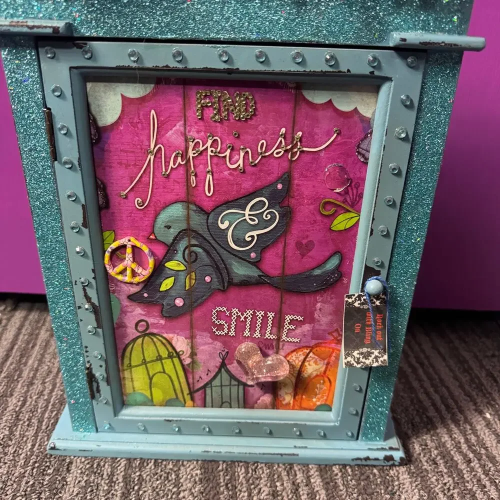 Whimsical Teal Glitter Wooden Wall Cabinet Jewelry Key Holder Butterfly Floral